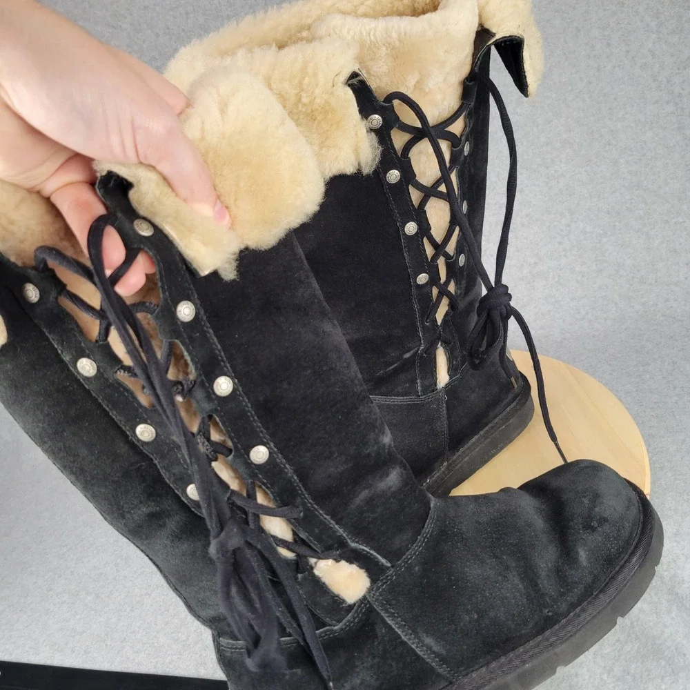 Ugg Upside 5163 Tall Lace Up Boot Women 9 Black Suede Shearling Lining